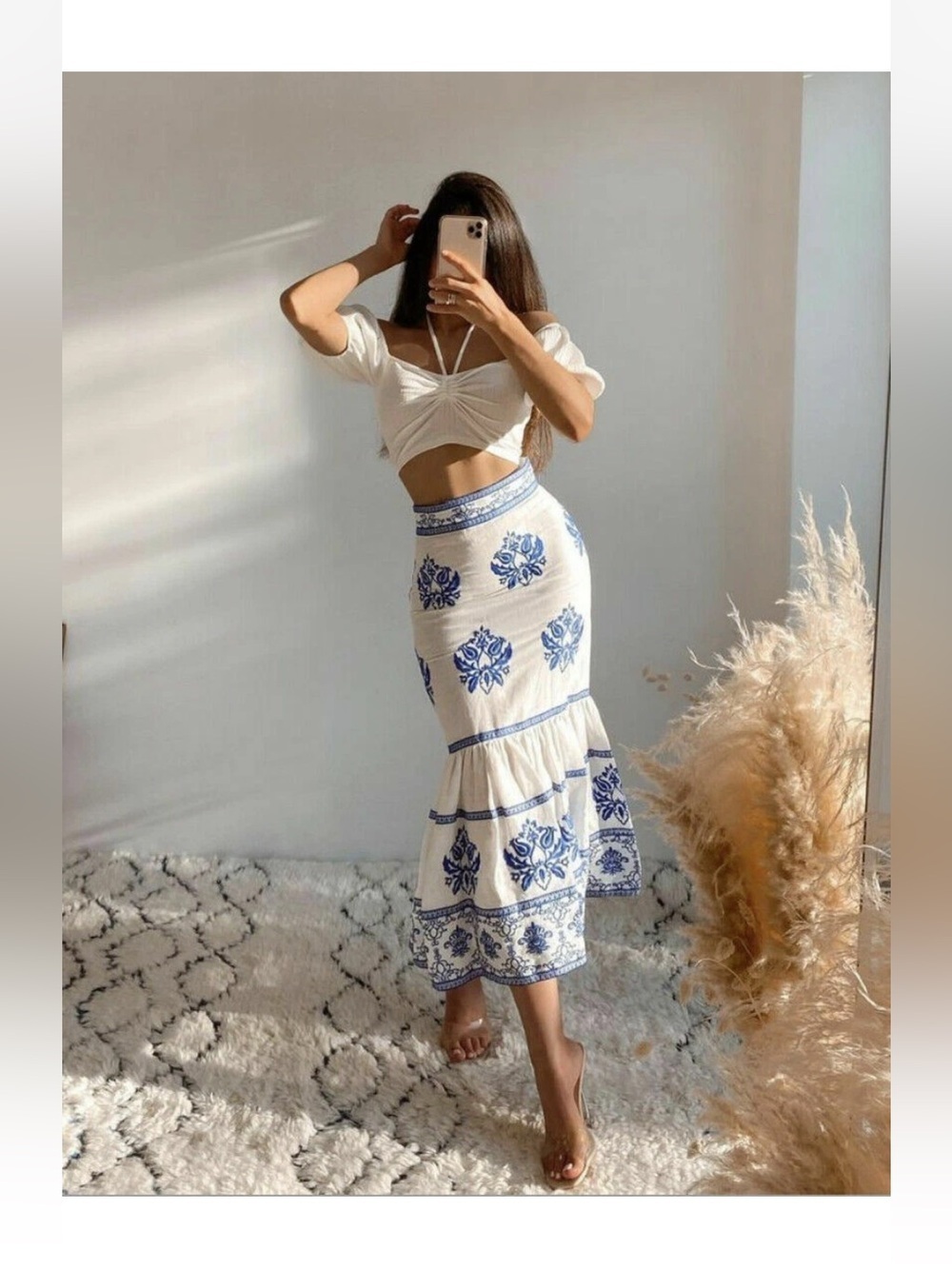 ZARA Blue Floral Tile Embroidered 100% Linen Midi Skirt Size XS